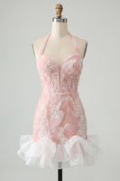 Load image into Gallery viewer, Sparkly Dusty Blue Corset Short Tight Homecoming Dress with Ruffles