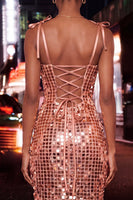 Load image into Gallery viewer, Sparkly Sequin Pink Corset Tight Short Homecoming Dress with Bows