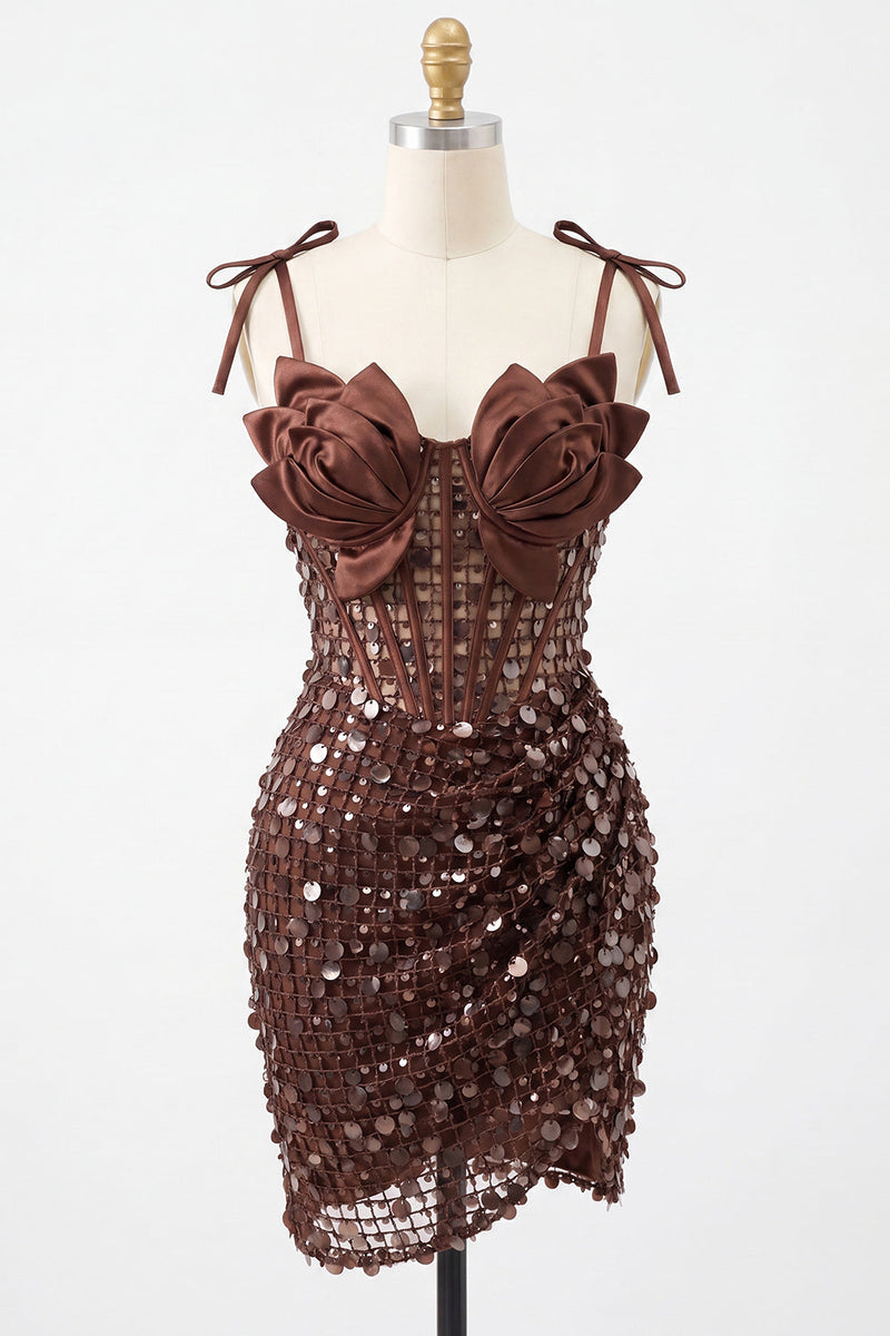 Load image into Gallery viewer, Sparkly Sequin Pink Corset Tight Short Homecoming Dress with Bows