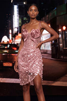 Load image into Gallery viewer, Sparkly Sequin Pink Corset Tight Short Homecoming Dress with Bows