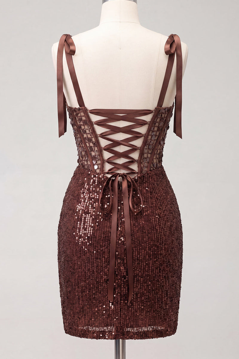 Load image into Gallery viewer, Sparkly Pink Sequin Corset Short Ruched Tight Homecoming Dress