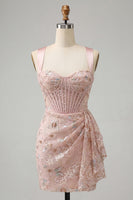 Load image into Gallery viewer, Floral Green Ruched Corset Tight Short Homecoming Dress with Beading