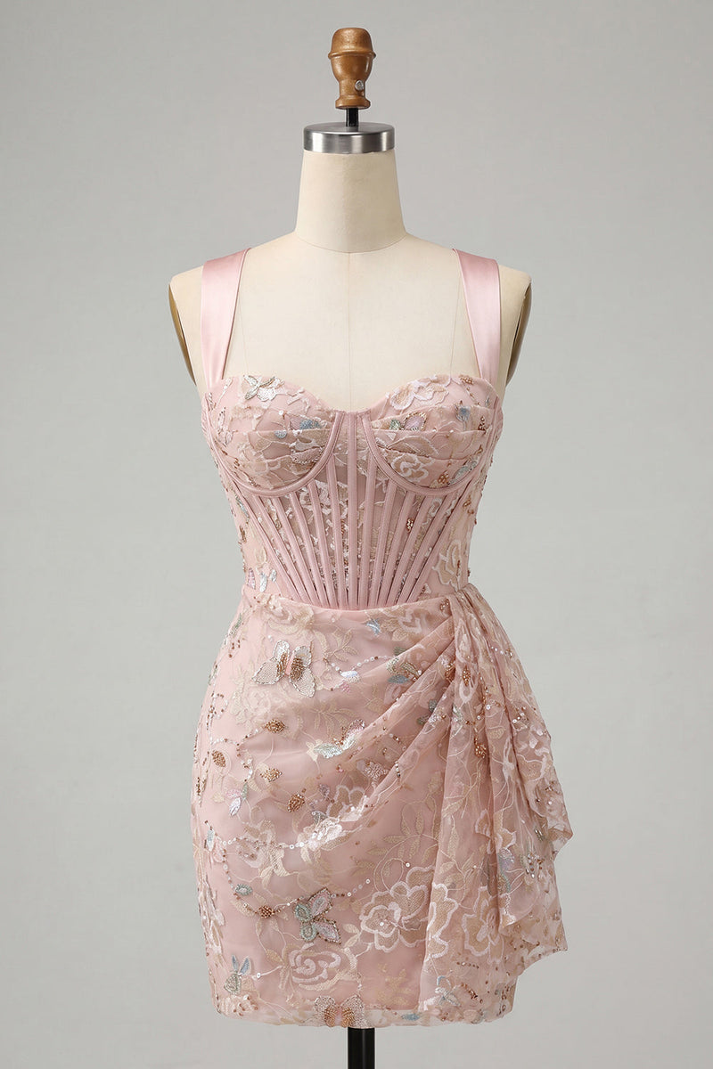Load image into Gallery viewer, Floral Green Ruched Corset Tight Short Homecoming Dress with Beading