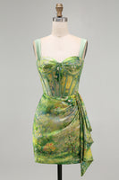 Load image into Gallery viewer, Floral Green Ruched Corset Tight Short Homecoming Dress with Beading