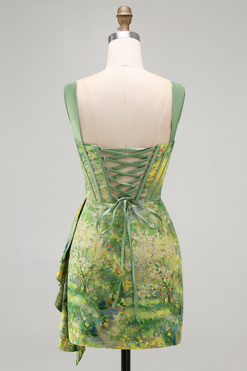 Load image into Gallery viewer, Floral Green Ruched Corset Tight Short Homecoming Dress with Beading