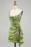 Load image into Gallery viewer, Floral Green Ruched Corset Tight Short Homecoming Dress with Beading