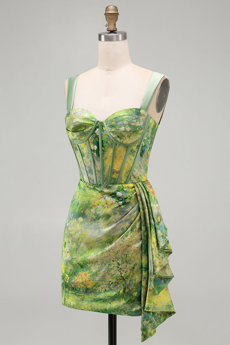 Load image into Gallery viewer, Floral Green Ruched Corset Tight Short Homecoming Dress with Beading