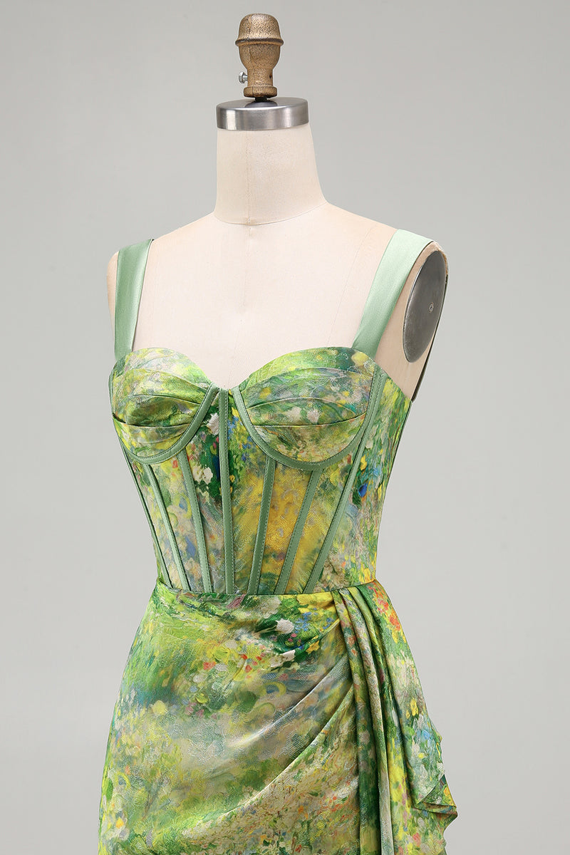 Load image into Gallery viewer, Floral Green Ruched Corset Tight Short Homecoming Dress with Beading