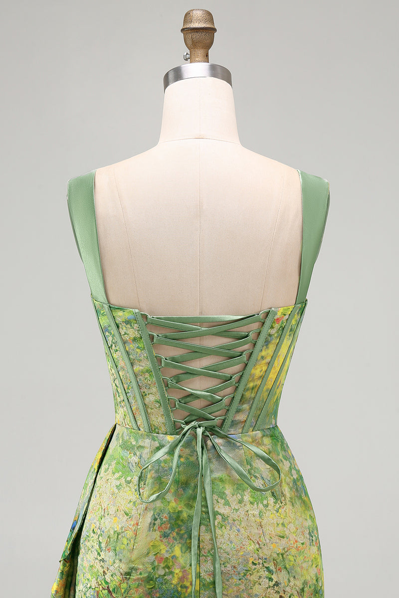 Load image into Gallery viewer, Floral Green Ruched Corset Tight Short Homecoming Dress with Beading