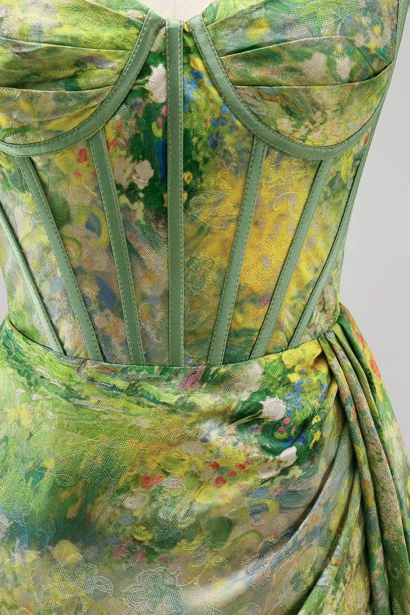 Load image into Gallery viewer, Floral Green Ruched Corset Tight Short Homecoming Dress with Beading