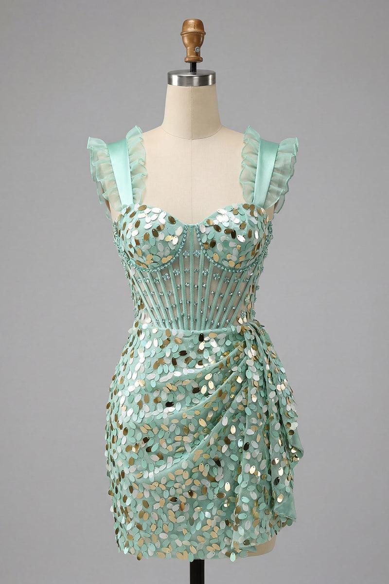 Load image into Gallery viewer, Sparkly Sequin Silver Tight Corset Short Homecoming Dress with Ruffles