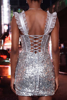 Load image into Gallery viewer, Sparkly Sequin Silver Tight Corset Short Homecoming Dress with Ruffles