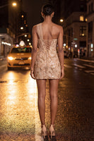 Load image into Gallery viewer, Sparkly Floral Champagne One Shoulder Sequin Tight Corset Short Homecoming Dress