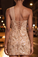 Load image into Gallery viewer, Sparkly Floral Champagne One Shoulder Sequin Tight Corset Short Homecoming Dress