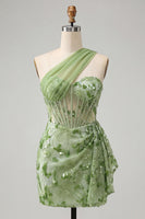 Load image into Gallery viewer, Sparkly Floral Champagne One Shoulder Sequin Tight Corset Short Homecoming Dress