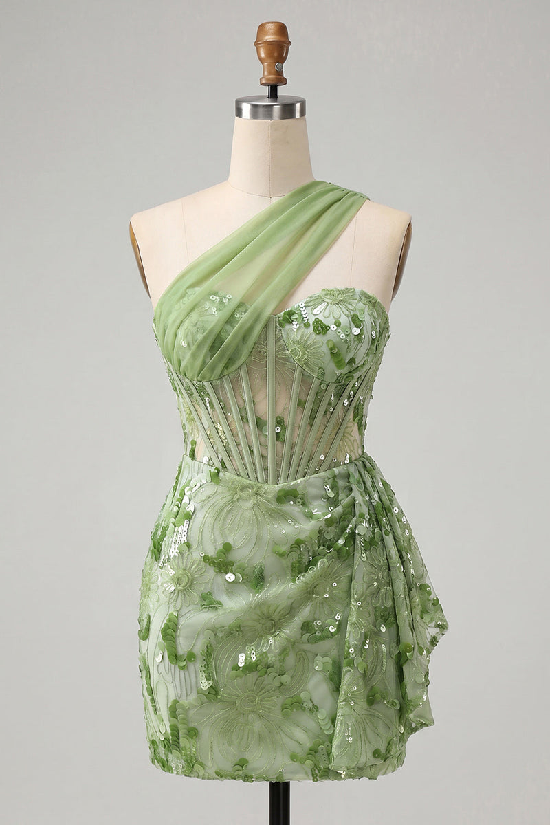 Load image into Gallery viewer, Sparkly Floral Champagne One Shoulder Sequin Tight Corset Short Homecoming Dress
