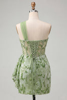 Load image into Gallery viewer, Sparkly Floral Champagne One Shoulder Sequin Tight Corset Short Homecoming Dress