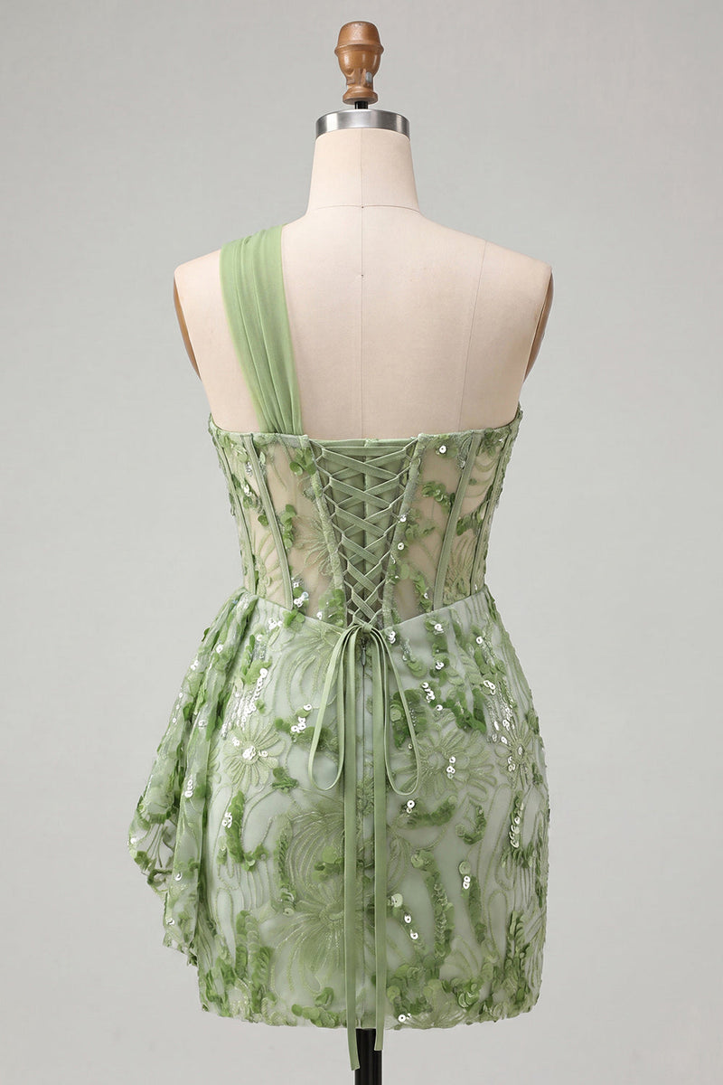 Load image into Gallery viewer, Sparkly Floral Champagne One Shoulder Sequin Tight Corset Short Homecoming Dress