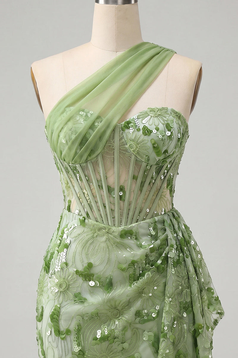 Load image into Gallery viewer, Sparkly Floral Champagne One Shoulder Sequin Tight Corset Short Homecoming Dress
