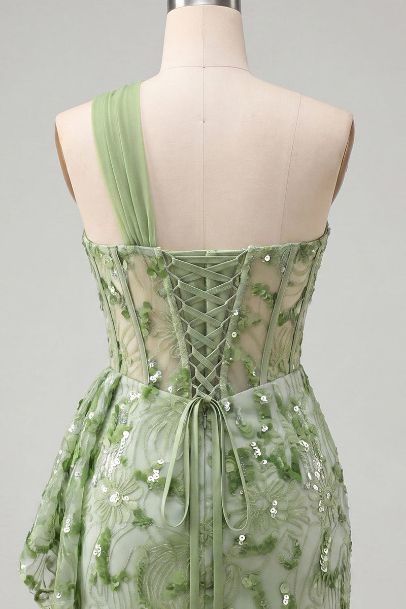 Load image into Gallery viewer, Sparkly Floral Champagne One Shoulder Sequin Tight Corset Short Homecoming Dress