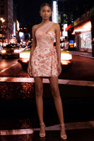 Load image into Gallery viewer, Sparkly Floral Champagne One Shoulder Sequin Tight Corset Short Homecoming Dress
