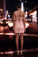 Load image into Gallery viewer, Sparkly Floral Champagne One Shoulder Sequin Tight Corset Short Homecoming Dress