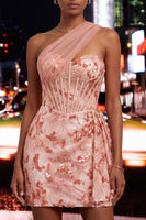 Load image into Gallery viewer, Sparkly Floral Champagne One Shoulder Sequin Tight Corset Short Homecoming Dress