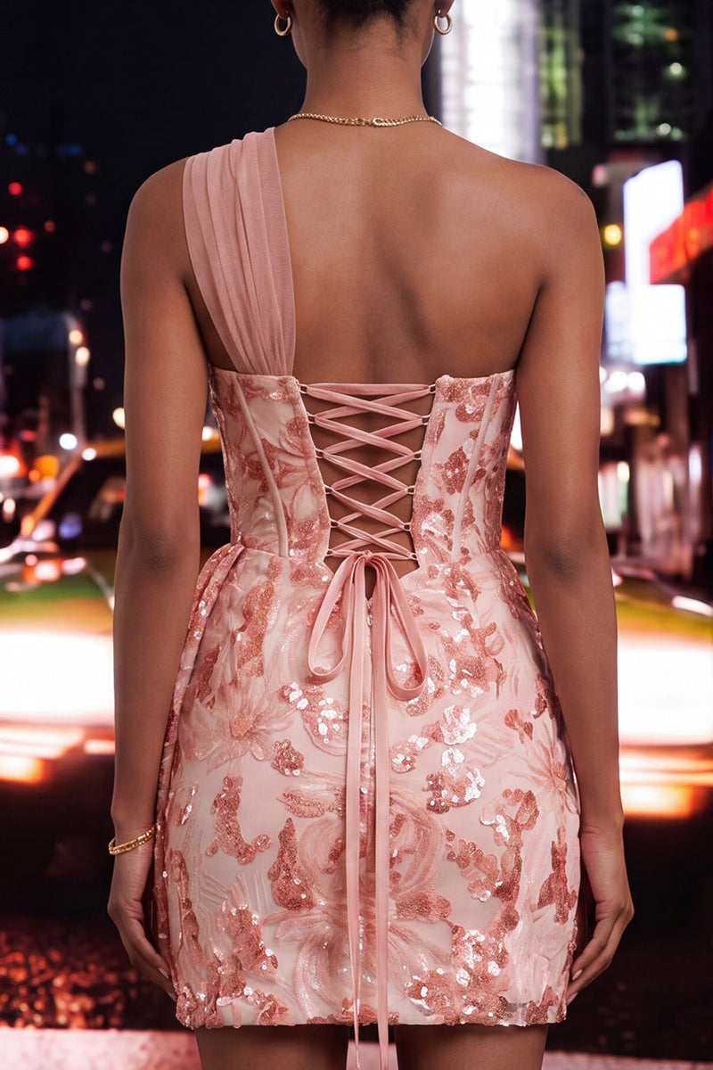 Load image into Gallery viewer, Sparkly Floral Champagne One Shoulder Sequin Tight Corset Short Homecoming Dress