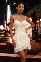 Load image into Gallery viewer, Floral Ivory Sequin Tight Corset Short Homecoming Dress with Ruffles