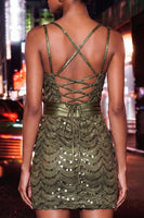 Load image into Gallery viewer, Sparkly Dark Green Sequin Spaghetti Straps Tight Short Homecoming Dress
