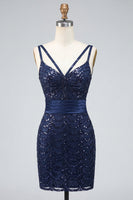 Load image into Gallery viewer, Sparkly Dark Green Sequin Spaghetti Straps Tight Short Homecoming Dress