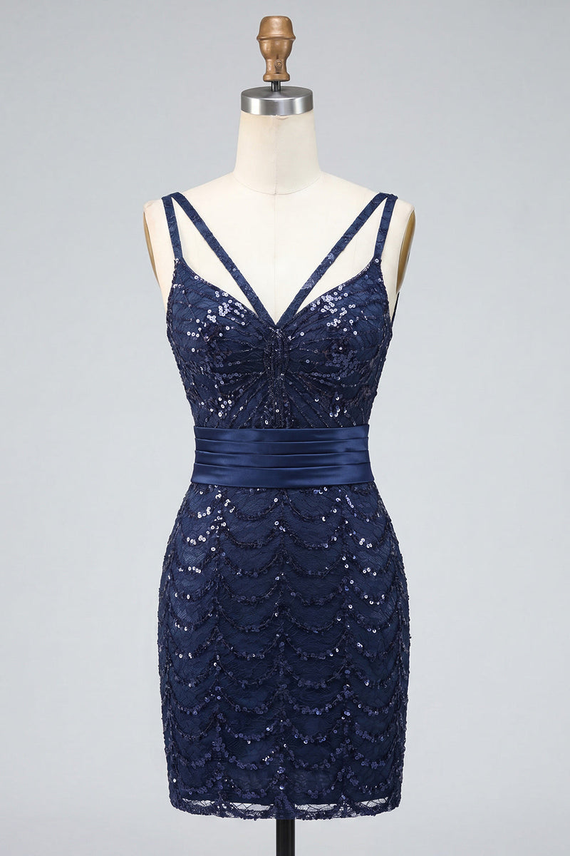 Load image into Gallery viewer, Sparkly Dark Green Sequin Spaghetti Straps Tight Short Homecoming Dress
