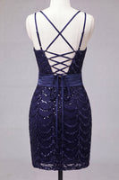 Load image into Gallery viewer, Sparkly Dark Green Sequin Spaghetti Straps Tight Short Homecoming Dress