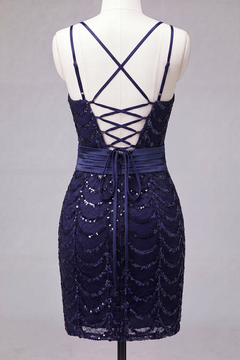 Load image into Gallery viewer, Sparkly Dark Green Sequin Spaghetti Straps Tight Short Homecoming Dress