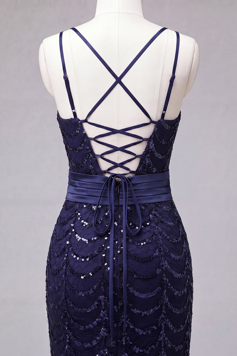 Load image into Gallery viewer, Sparkly Dark Green Sequin Spaghetti Straps Tight Short Homecoming Dress