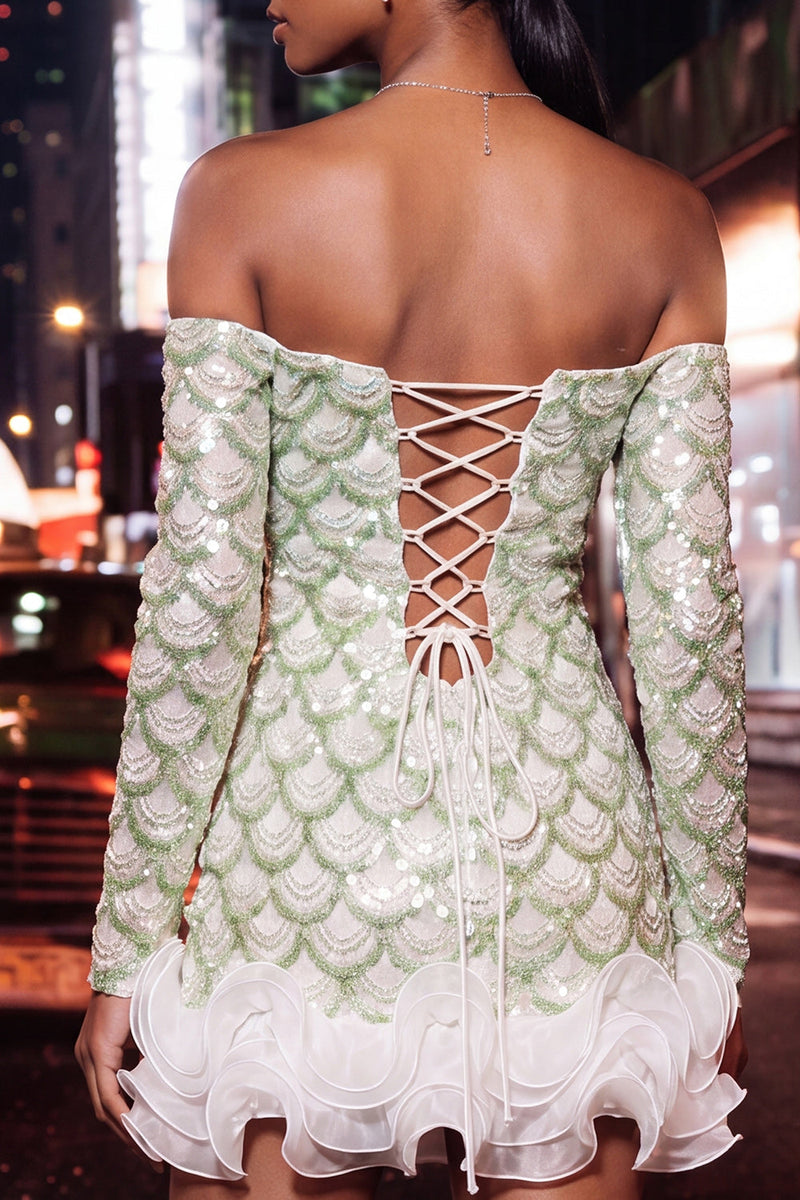 Load image into Gallery viewer, Sparkly Green Ruffled  Long Sleeves Tight Sequin Short Homecoming Dress