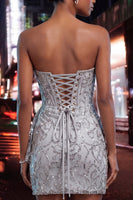 Load image into Gallery viewer, Silver Sparkly Sequin Ruched Tight Short Corset Homecoming Dress