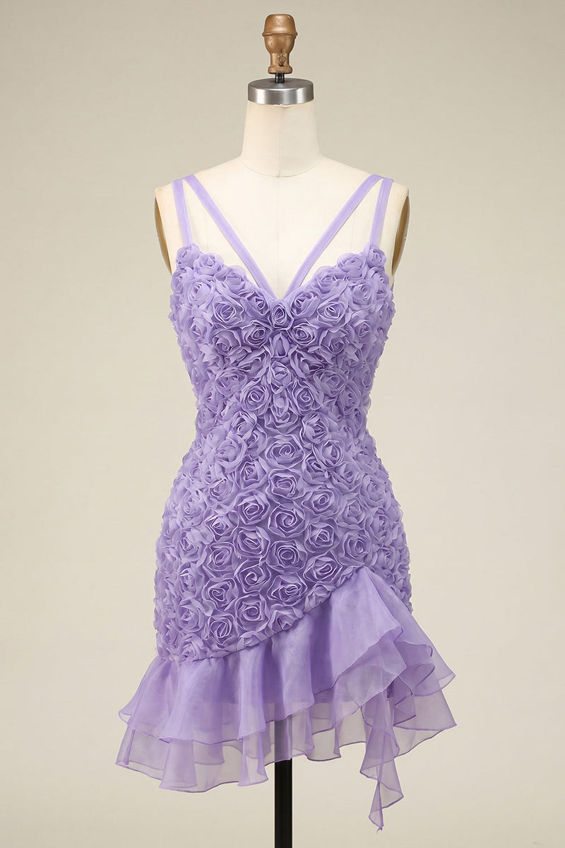 Load image into Gallery viewer, Hot Pink Ruffled Tight Short Homecoming Dress with 3D Flowers