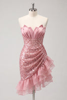 Load image into Gallery viewer, Sparkly Champagne Sequin Ruffled Ruched Tight Short Homecoming Dress