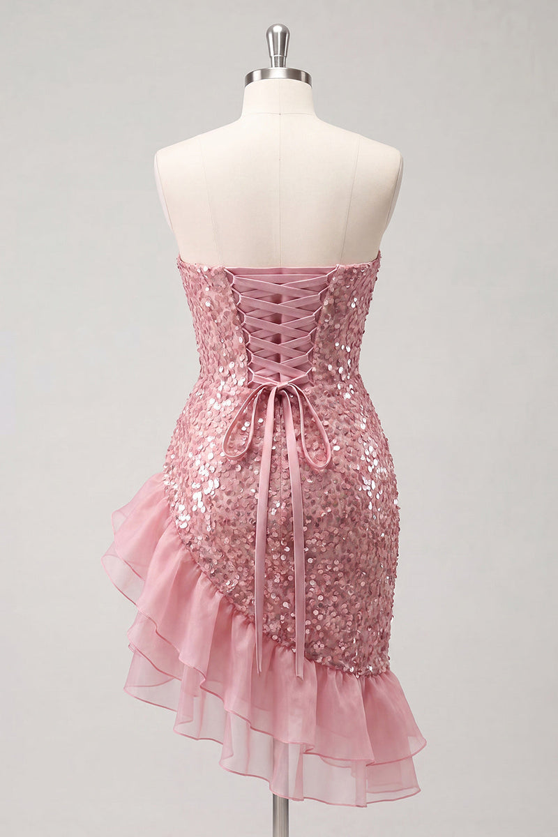 Load image into Gallery viewer, Sparkly Champagne Sequin Ruffled Ruched Tight Short Homecoming Dress
