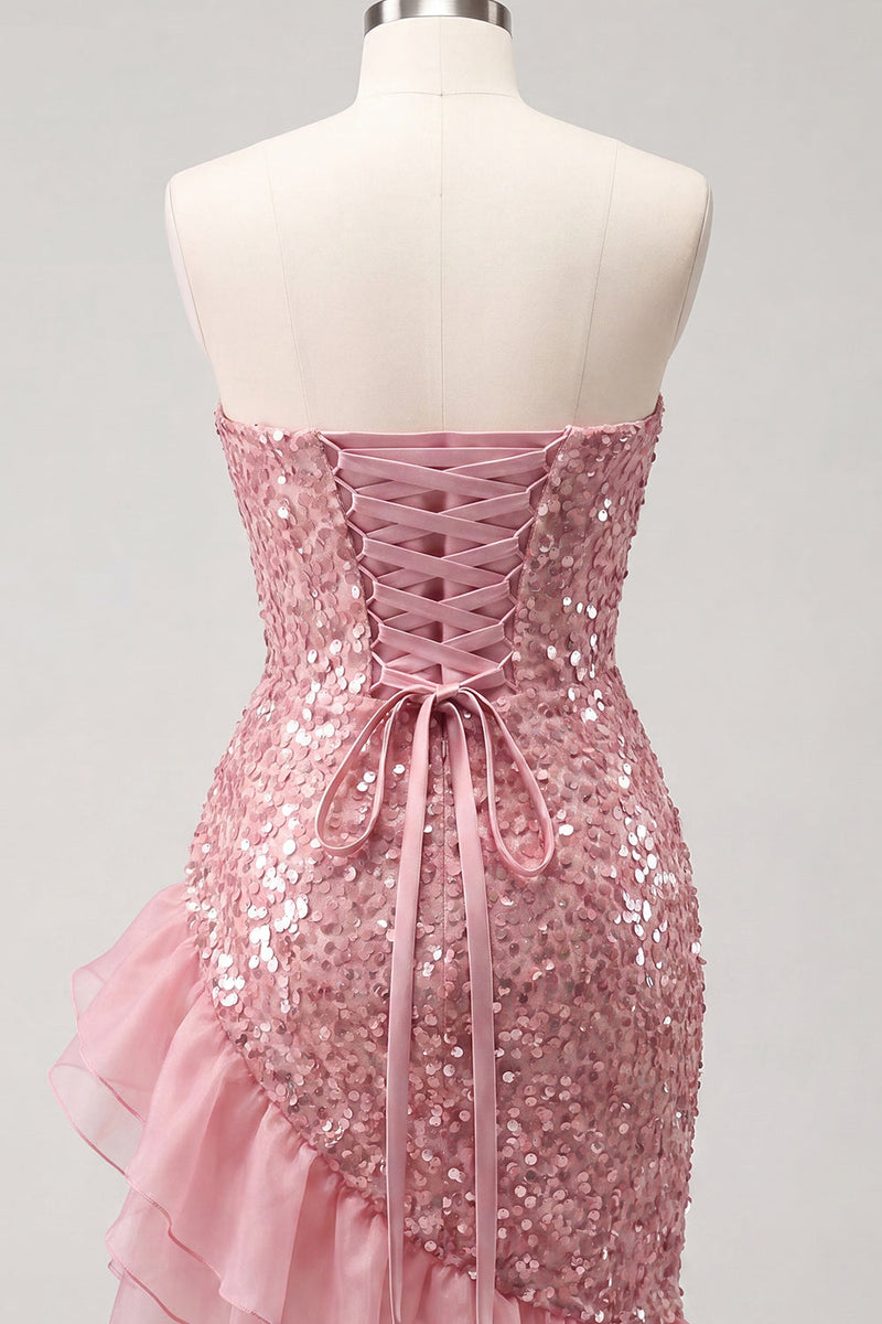 Load image into Gallery viewer, Sparkly Champagne Sequin Ruffled Ruched Tight Short Homecoming Dress