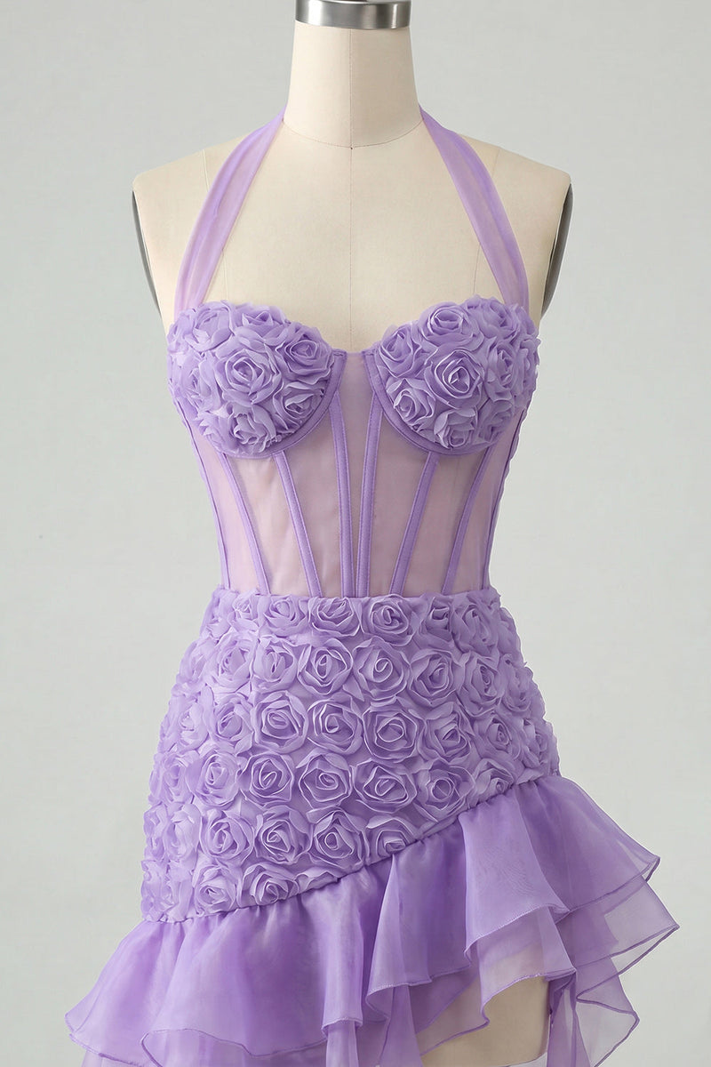 Load image into Gallery viewer, Floral Hot Pink Ruffled Tight Short Corset Homecoming Dress