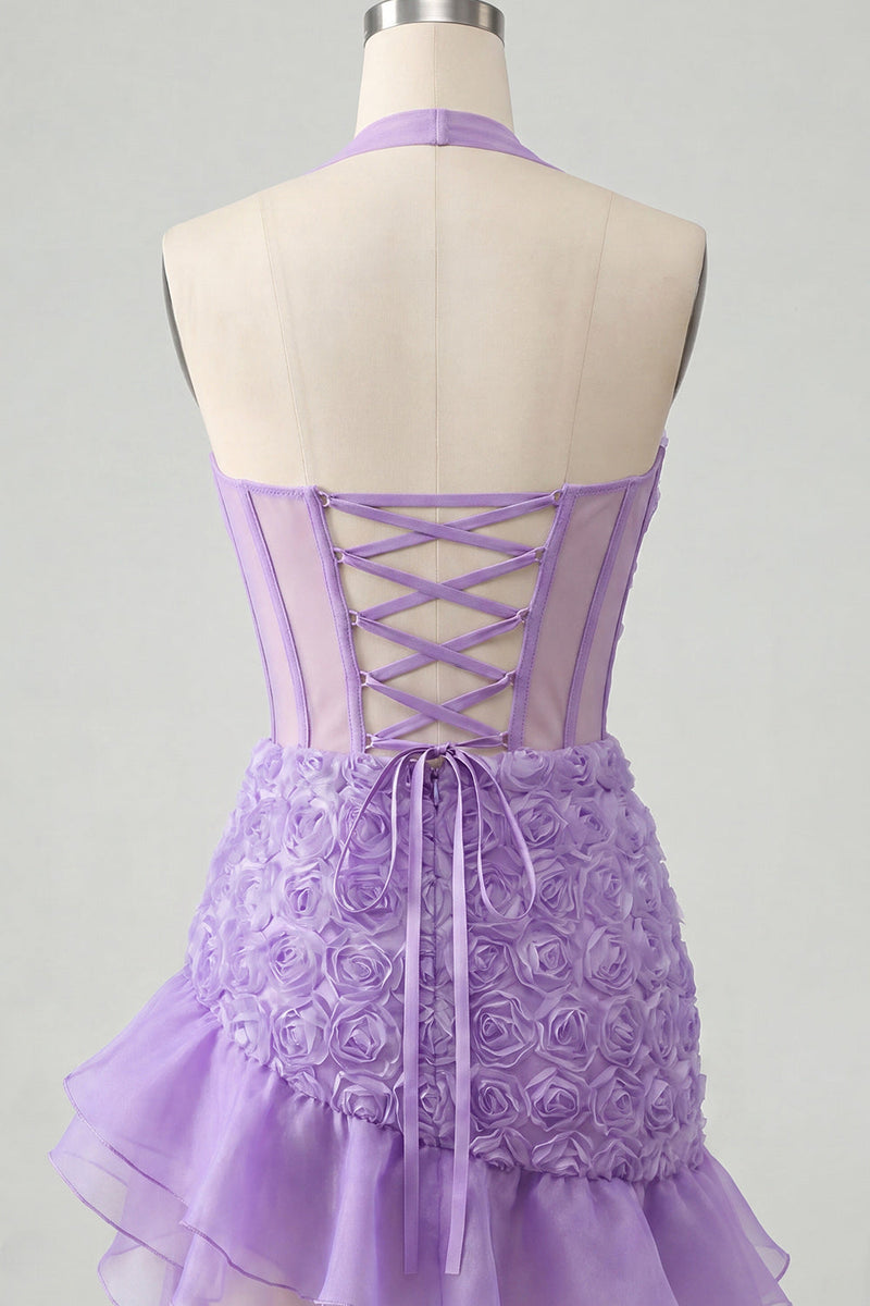 Load image into Gallery viewer, Floral Hot Pink Ruffled Tight Short Corset Homecoming Dress