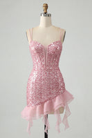 Load image into Gallery viewer, Sparkly Sequin Black Tight Corset Short Homecoming Dress with Ruffles