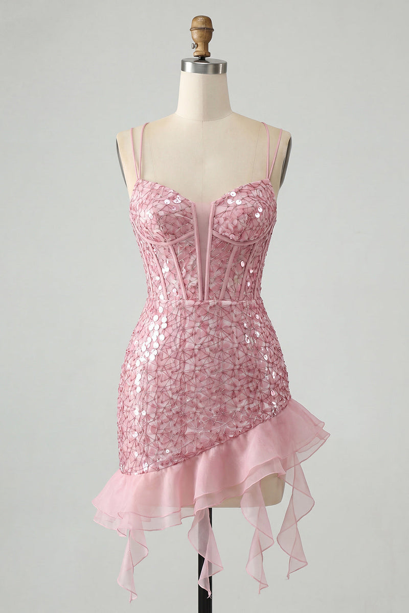 Load image into Gallery viewer, Sparkly Sequin Black Tight Corset Short Homecoming Dress with Ruffles