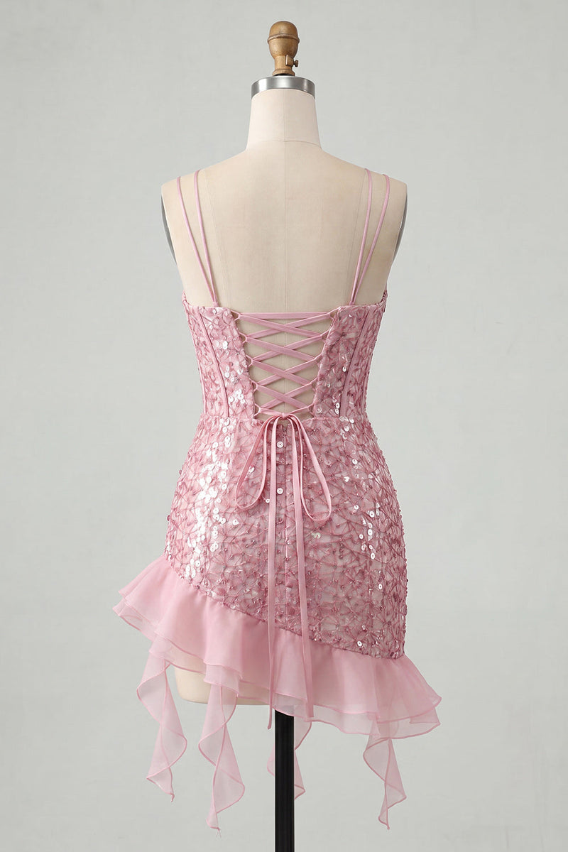 Load image into Gallery viewer, Sparkly Sequin Black Tight Corset Short Homecoming Dress with Ruffles