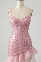 Load image into Gallery viewer, Sparkly Sequin Black Tight Corset Short Homecoming Dress with Ruffles
