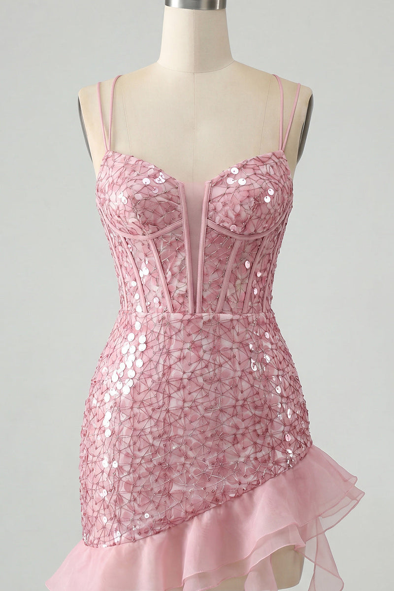 Load image into Gallery viewer, Sparkly Sequin Black Tight Corset Short Homecoming Dress with Ruffles