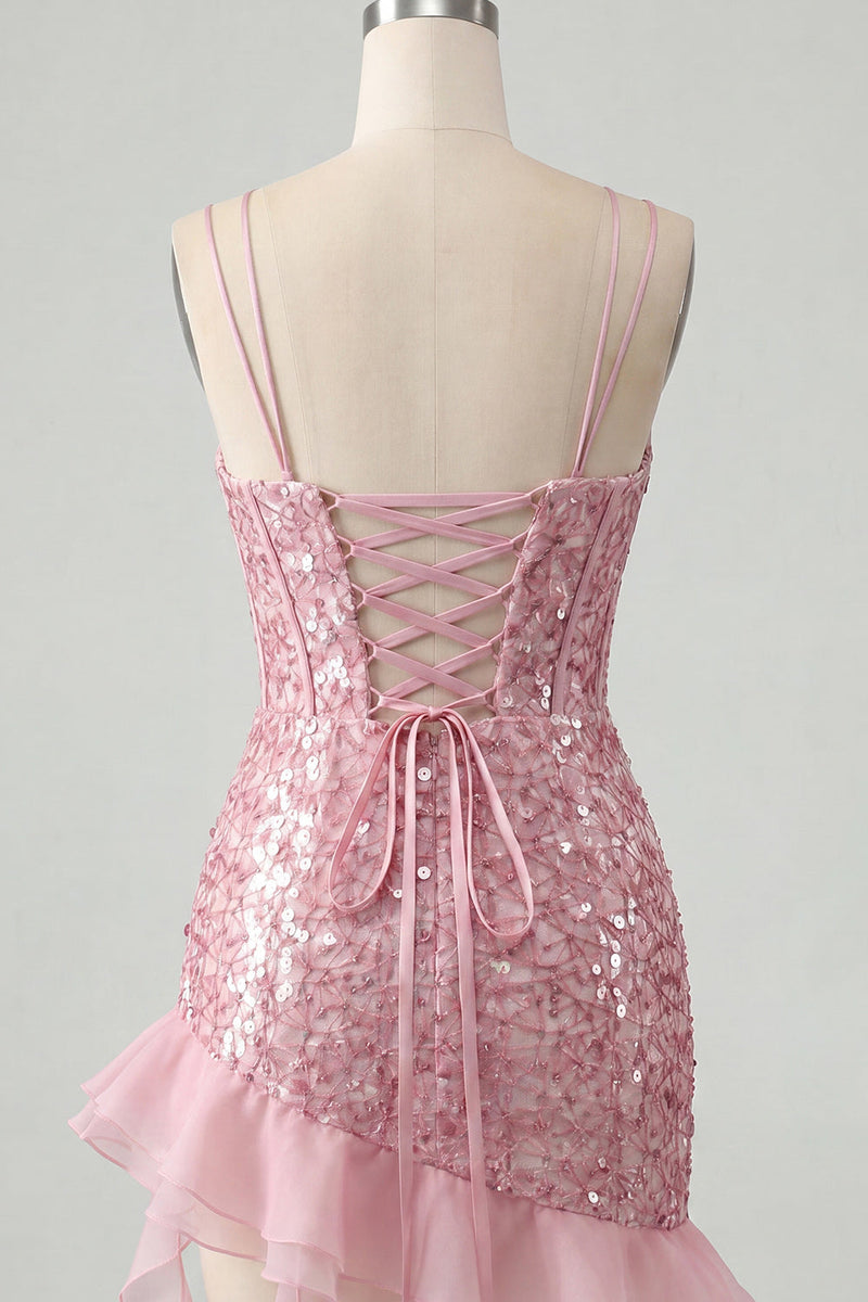 Load image into Gallery viewer, Sparkly Sequin Black Tight Corset Short Homecoming Dress with Ruffles