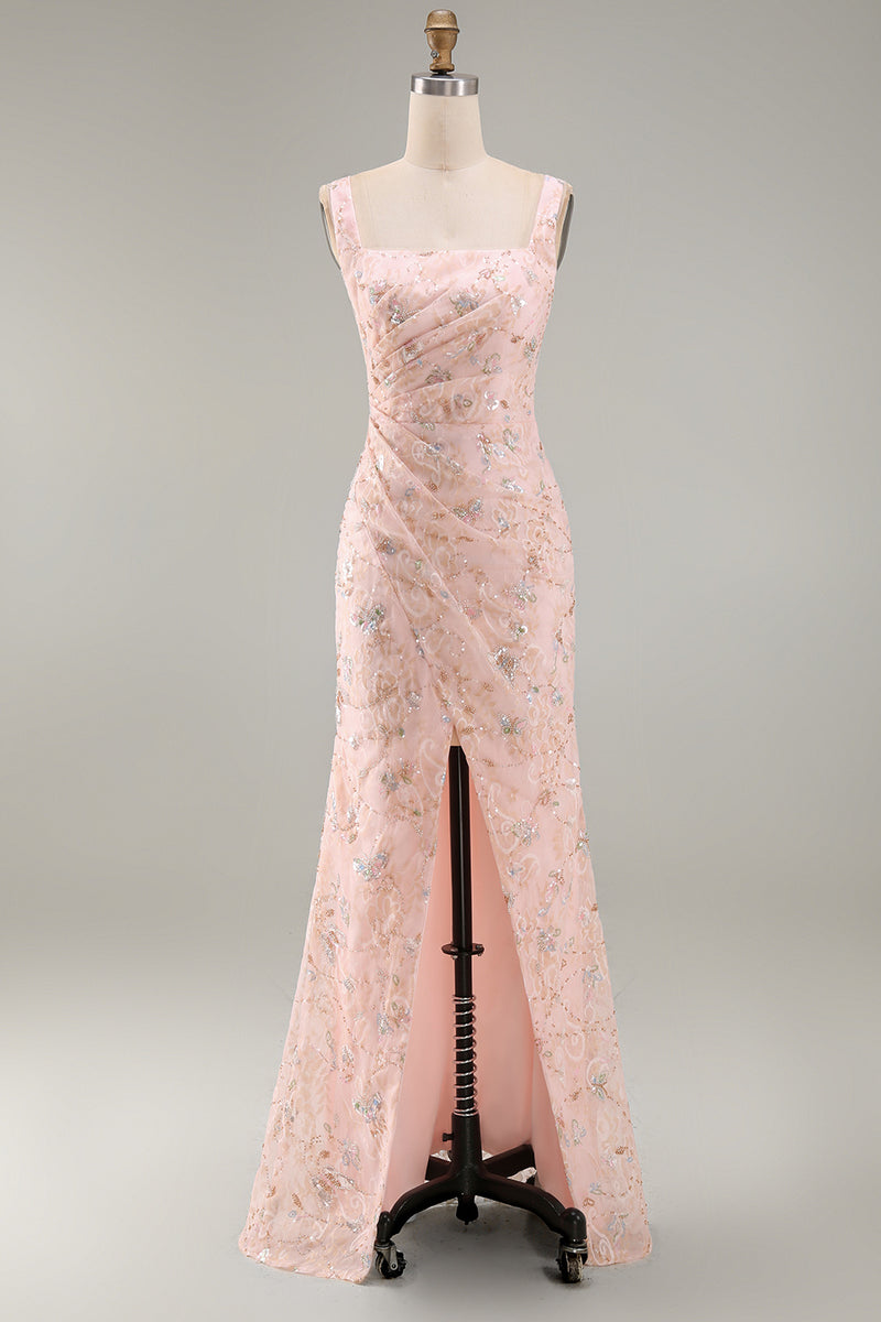 Load image into Gallery viewer, Floral Sparkly Blush Mermaid Sequin Long Mother of the Bride Dress with Slit